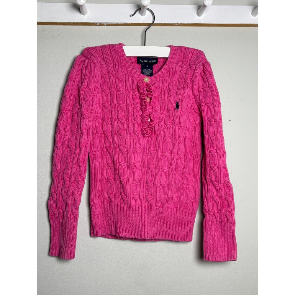 Ralph Lauren Cable Knit Ruffle Cardigan Girls 6 Pink Pony Back to School